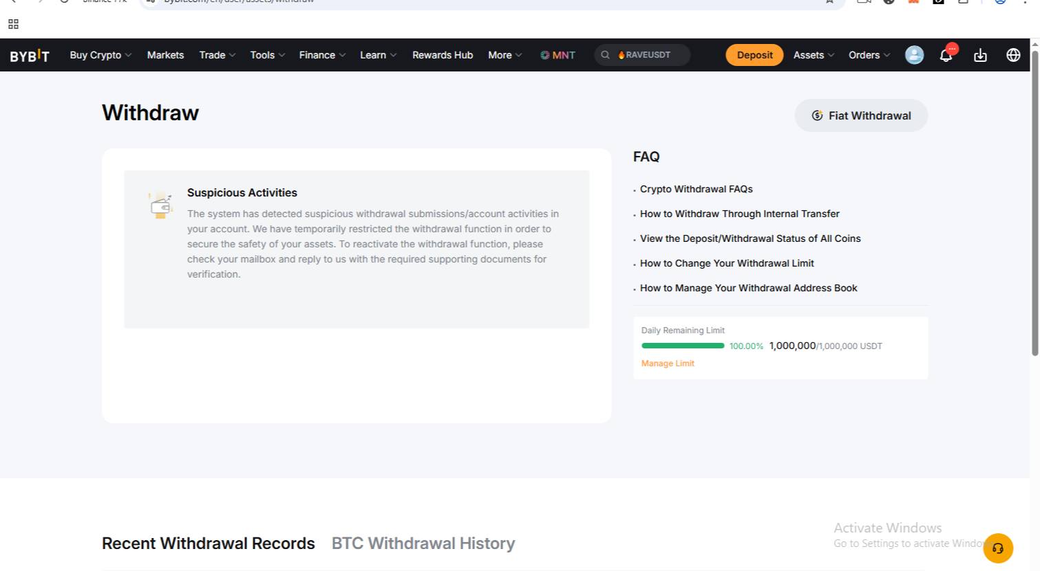 Bybit dashboard: withdrawal restricted — Suspicious Activities